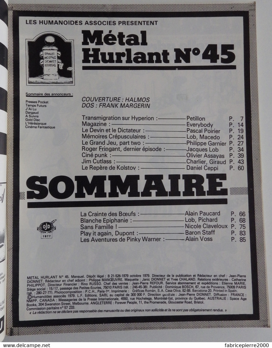 METAL HURLANT 45 - Halmos Margerin Petillon Poirier Ceppi Lob Voss Charlier EXCELLENT ETAT - Métal Hurlant