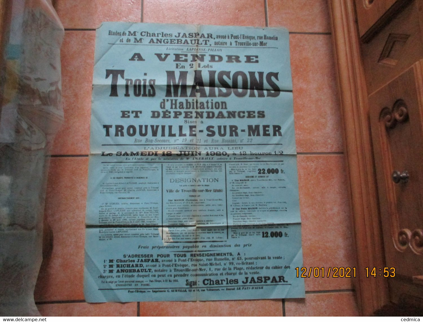 TROUVILLE-SUR-MER LE 12 JUIN 1920 A VENDRE 3 MAISONS D'HABITATION ET DEPENDANCES RUE BON-SECOURS Nos 19 ET 21 ET RUE ROS - Affiches