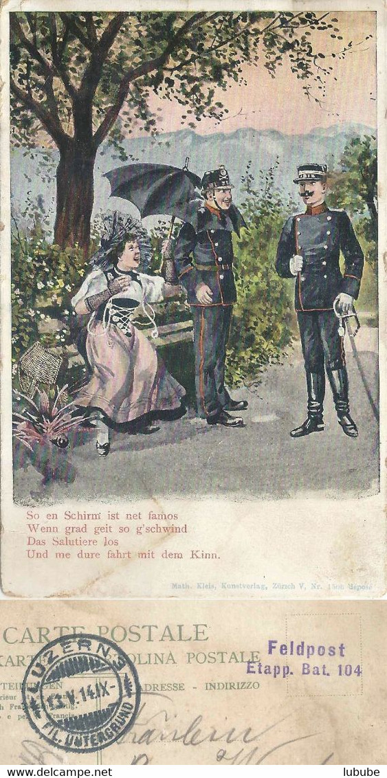 Feldpost AK  "So En Schirm... (Unfall Beim Salutieren)"  (Etapp.Bat.104)         1914 - Poststempel