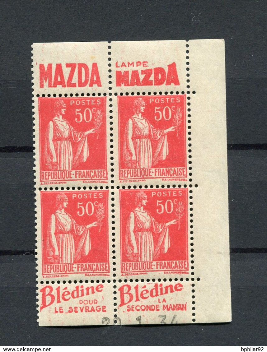 !!! 50C PAIX T2, BLOC DE 4 AVEC BANDES PUBS MAZDA - BLEDINE ET COIN DATE NEUF ** - Unused Stamps