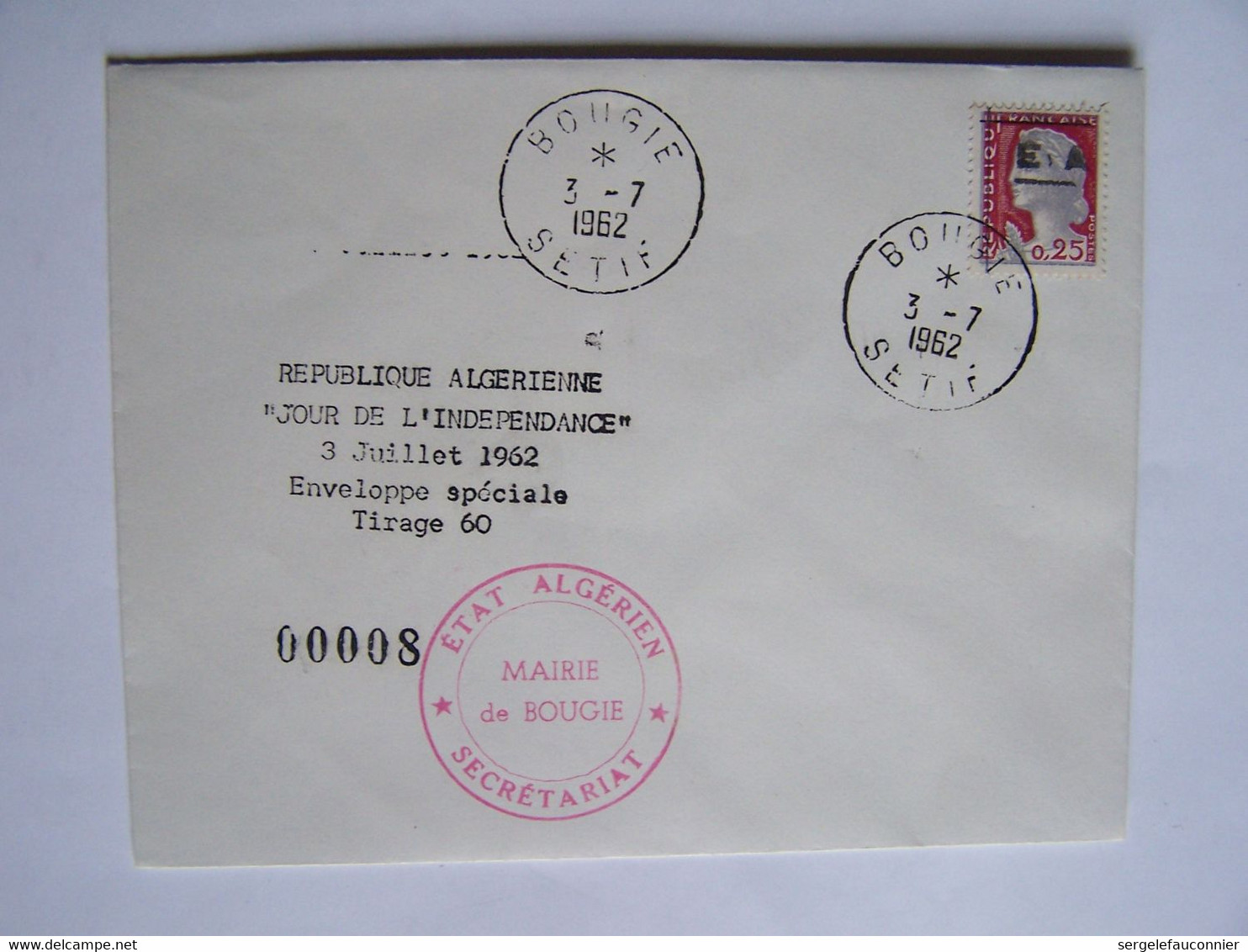 ALGERIE 3-7-1962 JOUR DE L'INDEPENDANCE, Enveloppe Spéciale 8/60  Mairie De BOUGIE SETIF - Algerije (1962-...)