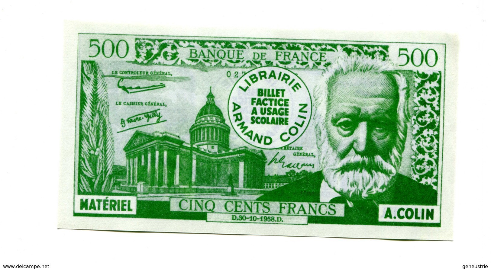 Série de 4 billets scolaires école (de 10000/100NF à 500/5NF) 1959 - Armand Colin - School bank note