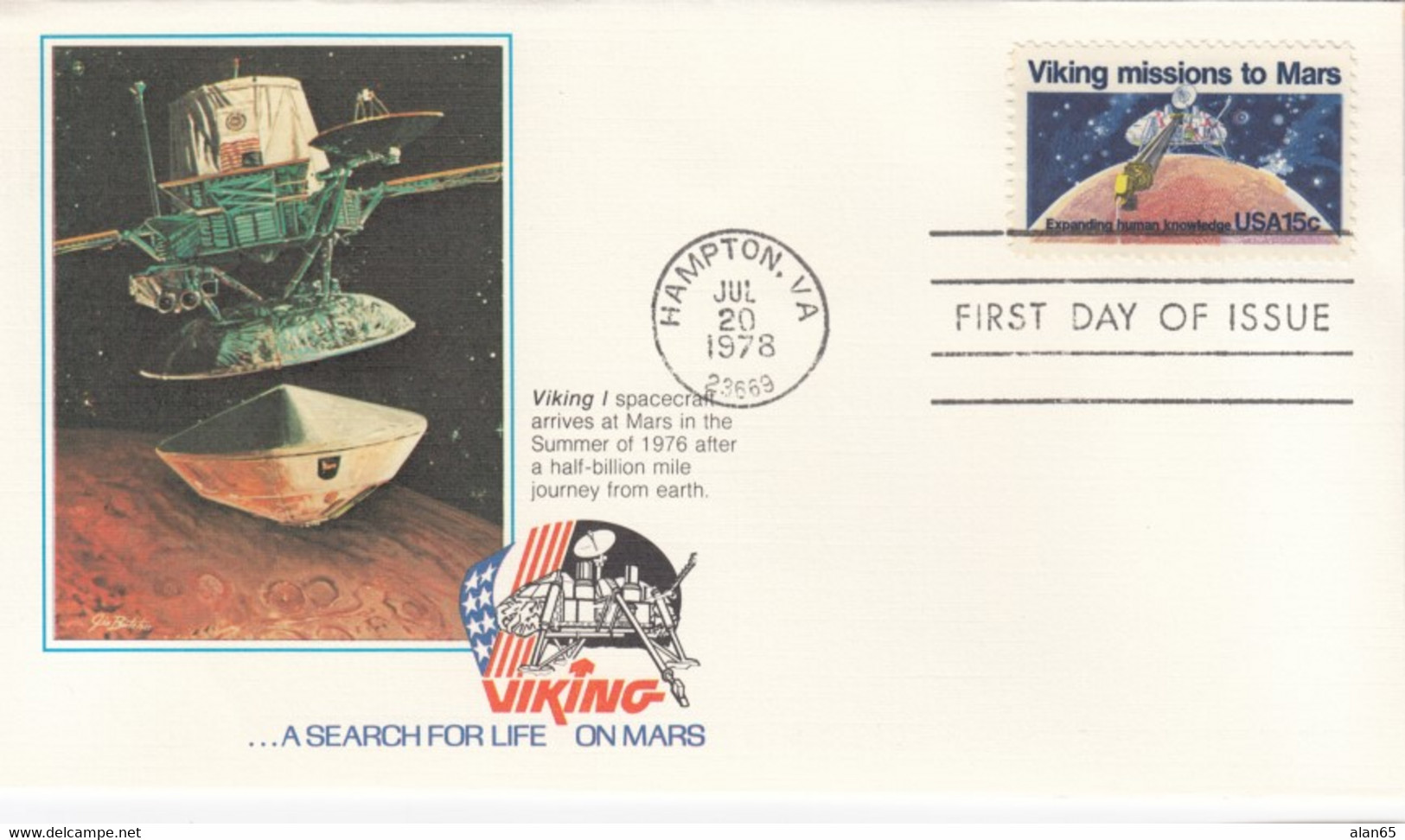 FDC Viking Mission To Mars, US Sc#1759 15c 20 July 1978 Issue, Viking I Arrives At Mars Image Cachet - Amérique Du Nord