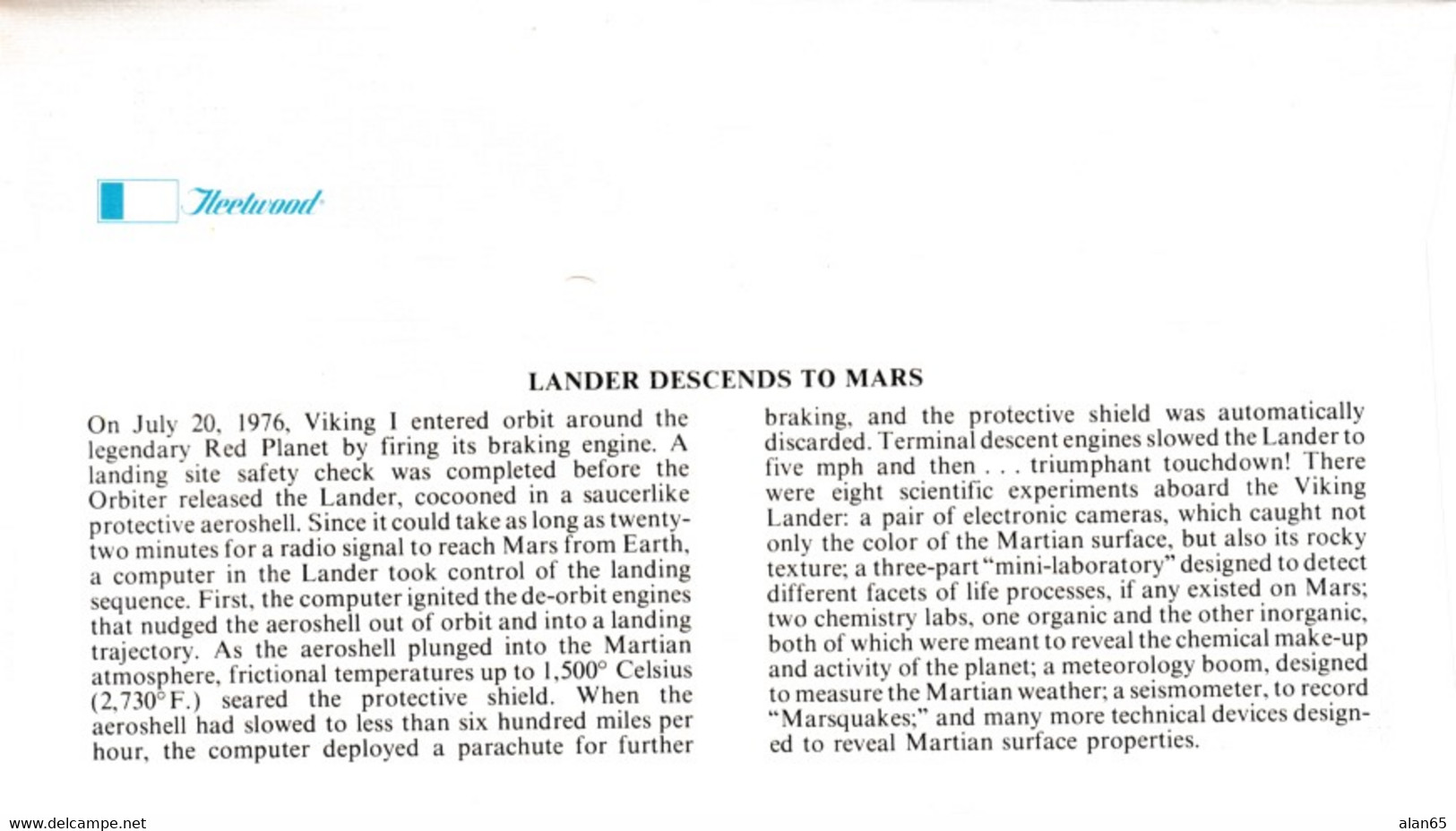 FDC Viking Mission To Mars, US Sc#1759 15c 20 July 1978 Issue, Viking Life Detecting Laboratory On Mars Image Cachet - Amérique Du Nord