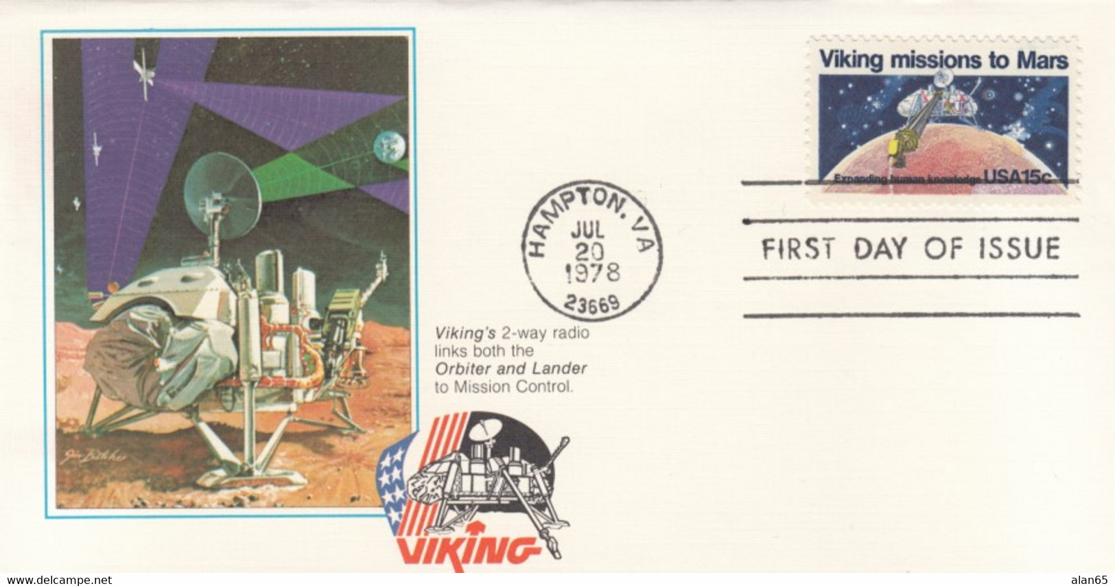 FDC Viking Mission To Mars, US Sc#1759 15c 20 July 1978 Issue, Viking Lander On Mars Radio Communication Image Cachet - Amérique Du Nord