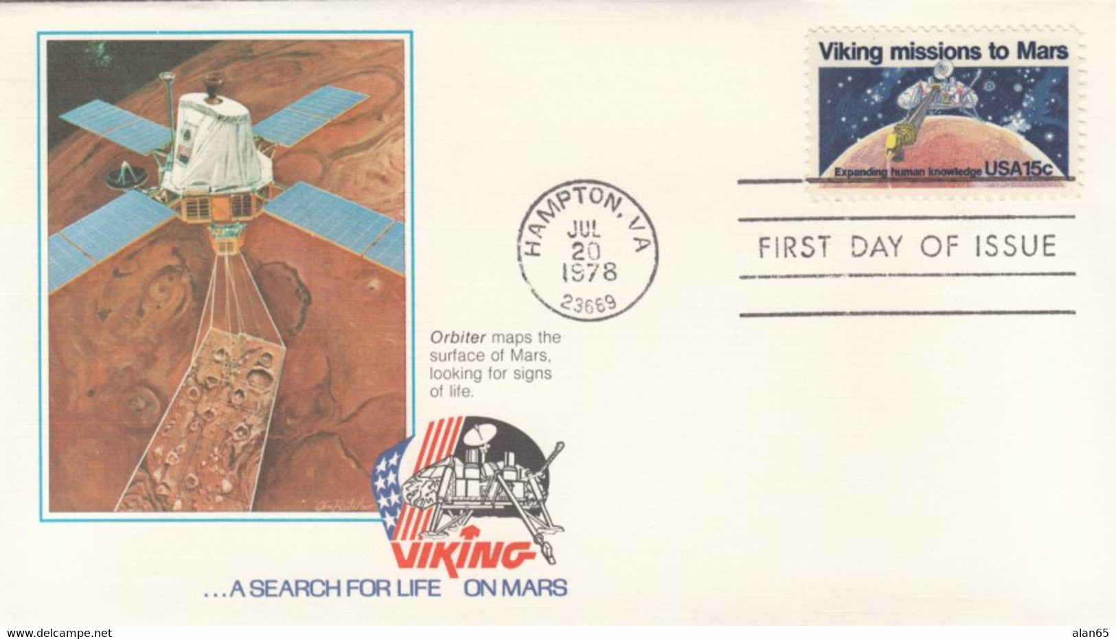 FDC Viking Mission To Mars, US Sc#1759 15c 20 July 1978 Issue, Viking Orbiter Maps Surface Of Mars Image Cachet - America Del Nord