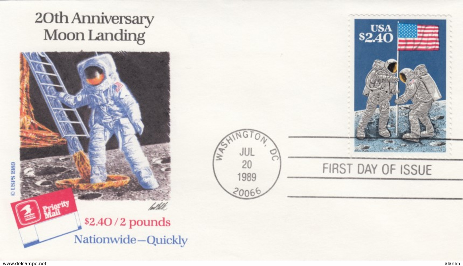 FDC 20th Anniversary First Moon Landing, $2.40 1989 Issue Sc#2419, Astronaut On Moon Image Cachet - America Del Nord