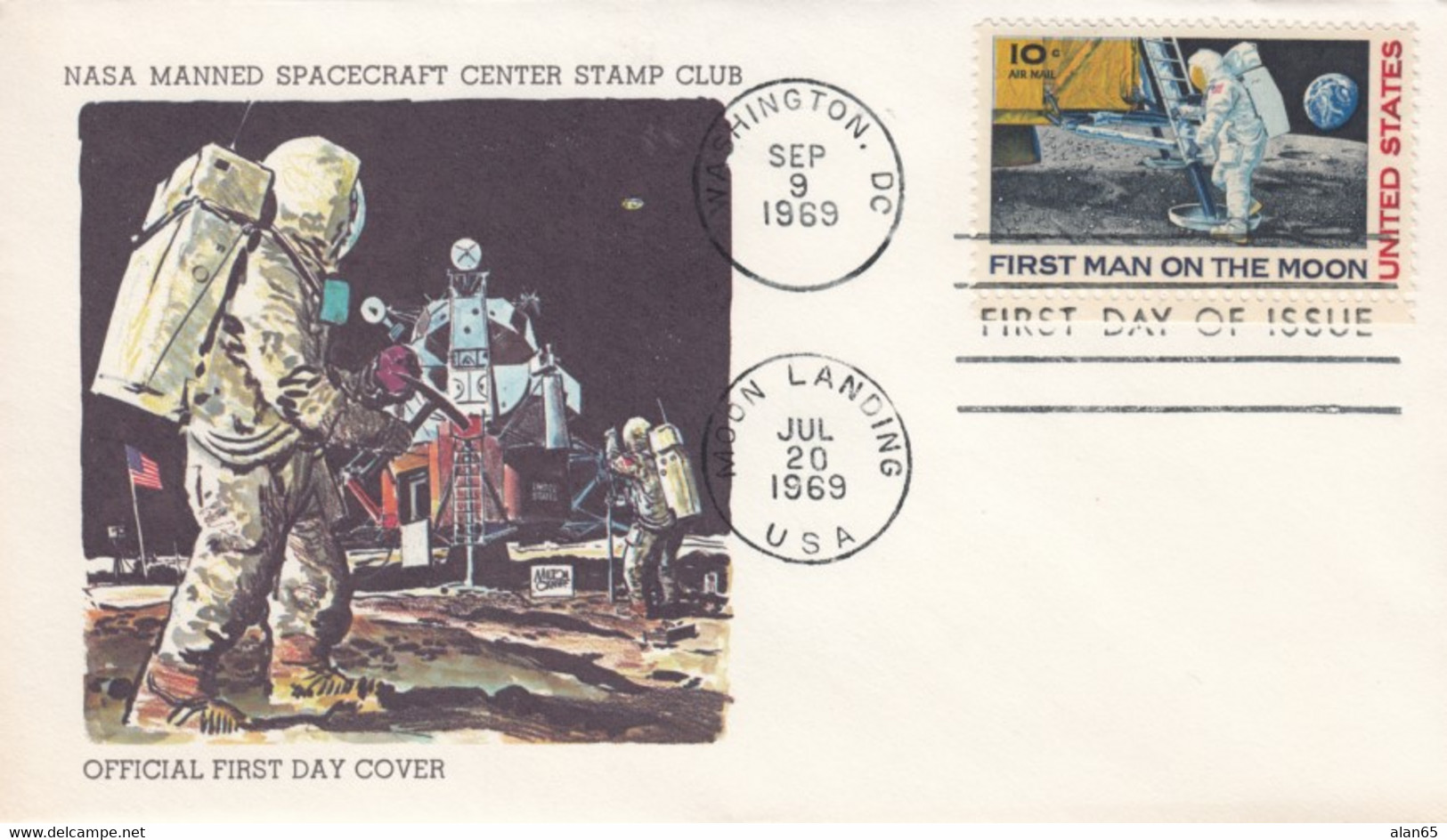 FDC Sc#C76 First Man On Moon 10c Air Mail Issue Illustrated Cachet, 1969 Apollo 11 Mission - América Del Norte