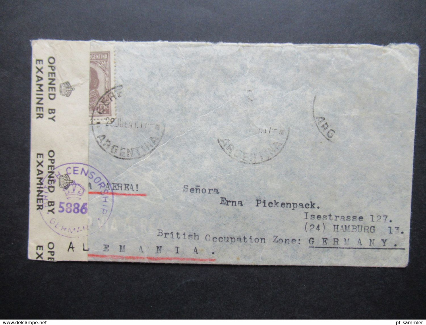 Argentinien 1947 Zensurbeleg An Frau Pickenpack In Hamburg Opened By Examiner 1172 Und British Censorship Germany - Cartas & Documentos