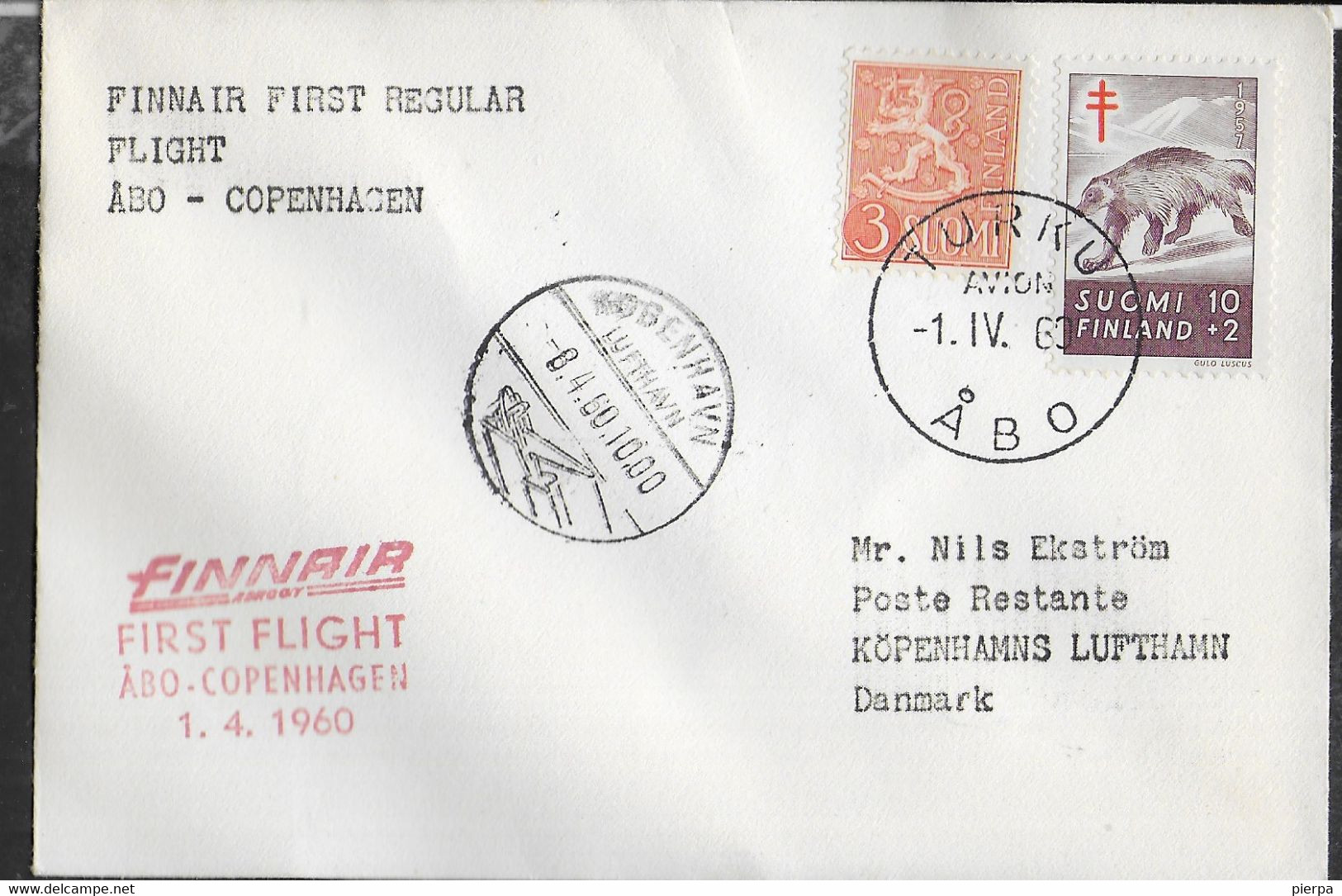 FINLAND - PRIMO VOLO - FIRST FLIGHT FINNAIR - TURKU-ABO / KOBENHAVN - 1.4.60 - SU BUSTA UFFICIALE - Cartas & Documentos