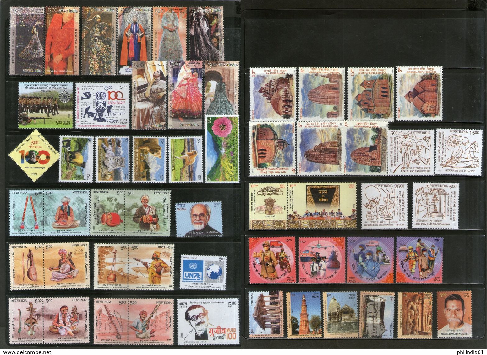 India 2020 Year Pack Of 55 Stamps On Mahatma Gandhi COVID-19 Fashion Textile UNESCO Architecture Music Wildlife MNH - Años Completos