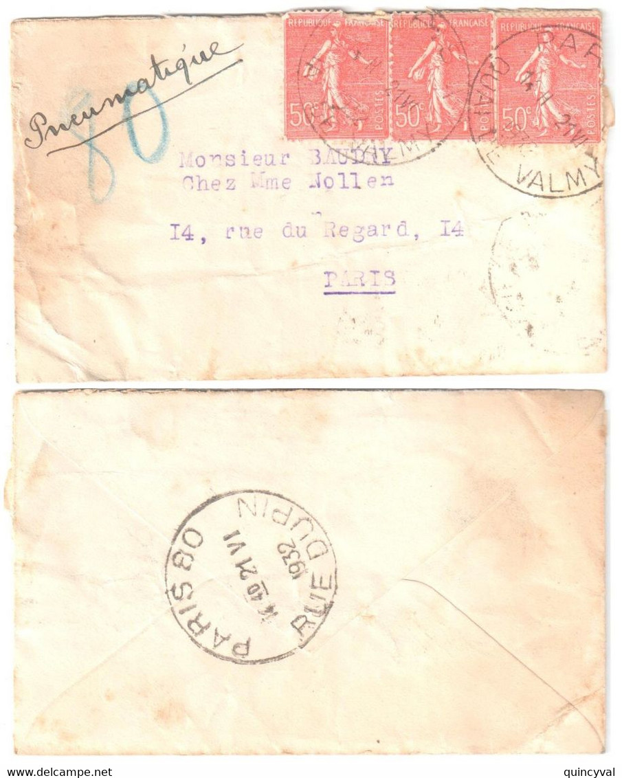 PARIS X Quai De Valmy Carte De Visite Mignonette Pneumatique 50c Semeuse Lignée Rouge Yv  Ob 21 4 1932 - Covers & Documents