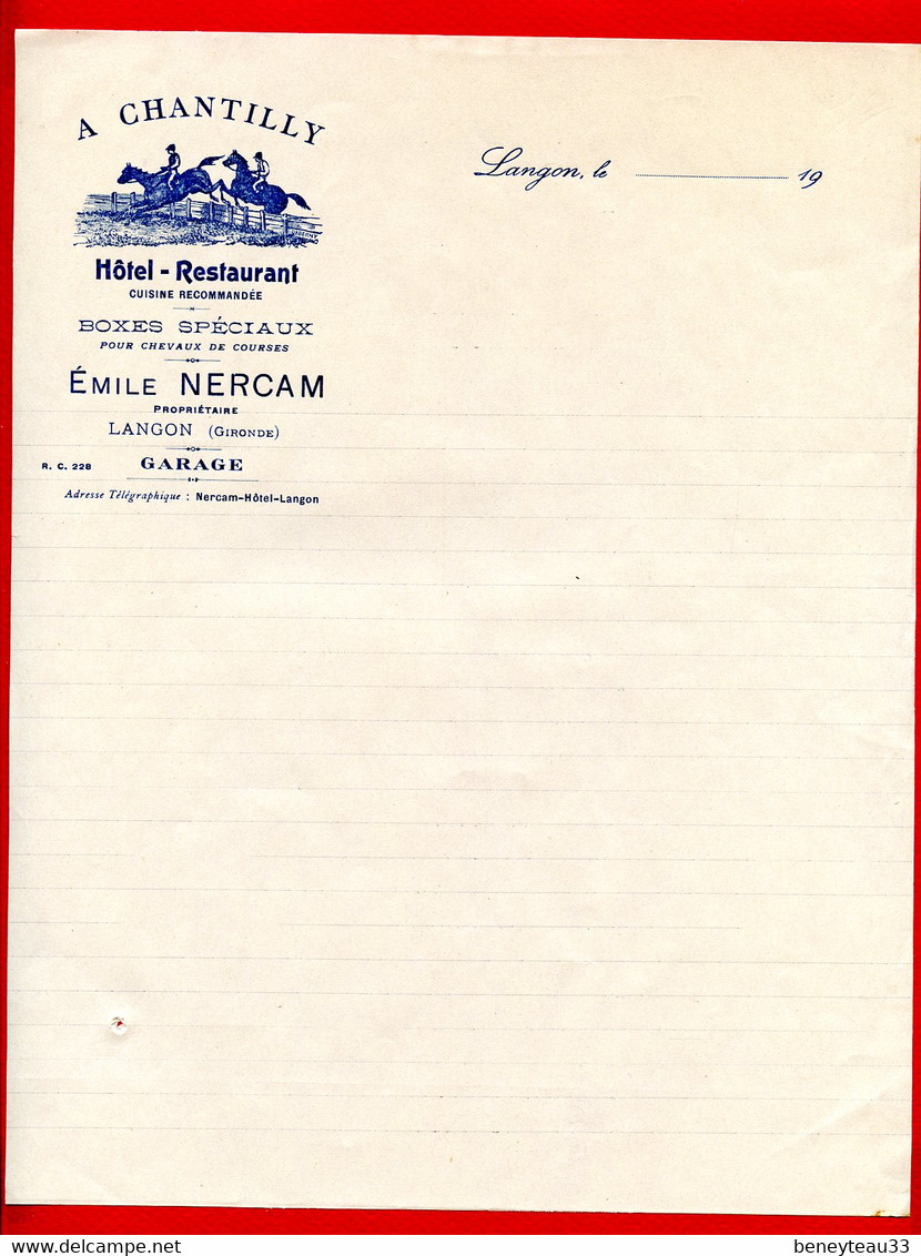 FACTURE (Ref : F&T 045) Factures & Documents Commerciaux A CHANTILLY HÔTEL RESTAURANT ÉMILE NERCAM LANGON - 1900 – 1949