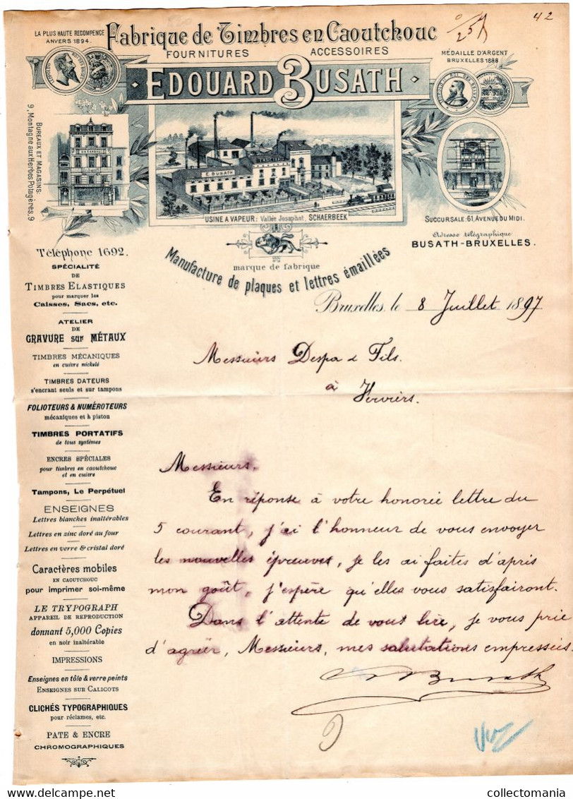 Facture Fabrique Timbres En Caoutchouc TRYPOGRAPH Lettres Emailées  Eduard BUSATH Usine à Vapeur SCHAERBEEK  1897 - Druck & Papierwaren