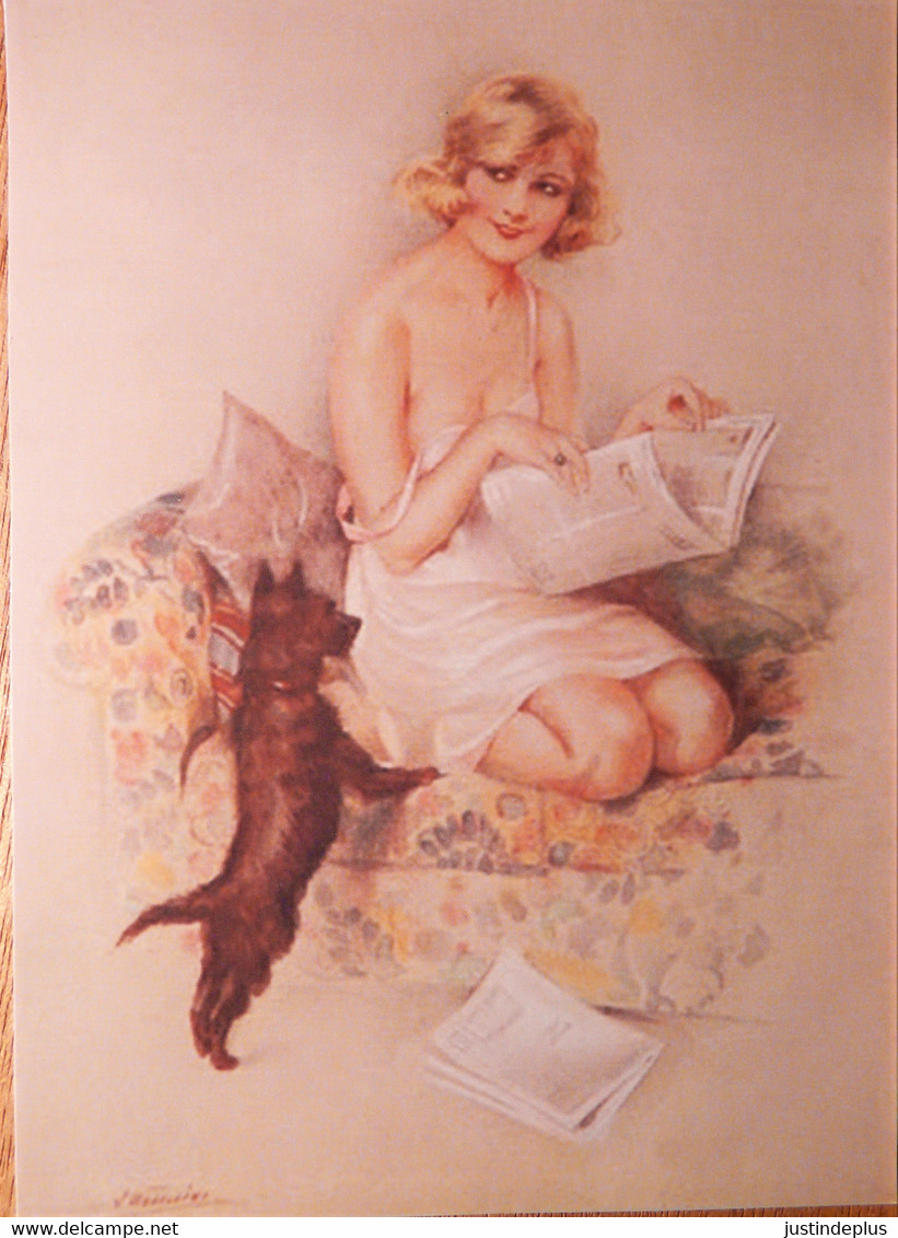 PIN UP SOURIANTE EN COMBINAISON A GENOUX AVEC SON JOURNAL ET SON CHIEN - Pin-Up