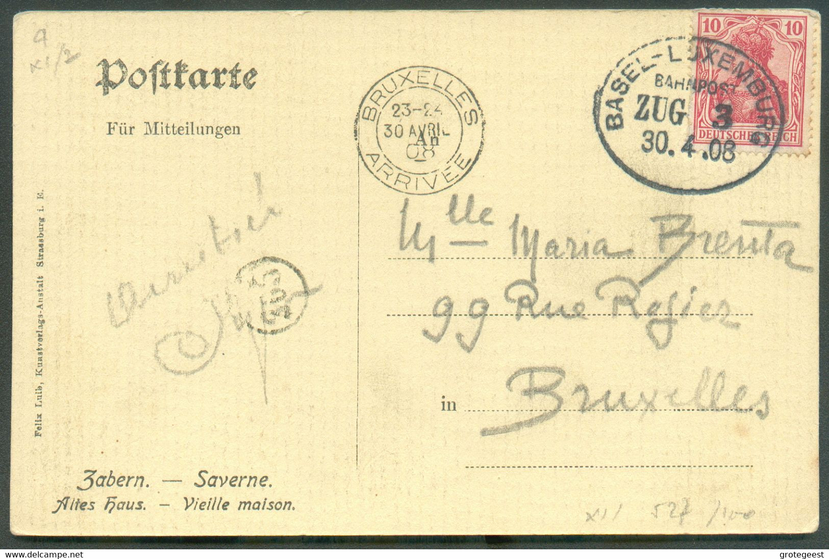 10pfg Germania Obl. Ovale Ambulant BASEL-LUXEMBOURG Bahnpost ZUG 3 Sur C.P. Du 30.4.1908 Vers Bruxelles - 17054 - 1907-24 Scudetto
