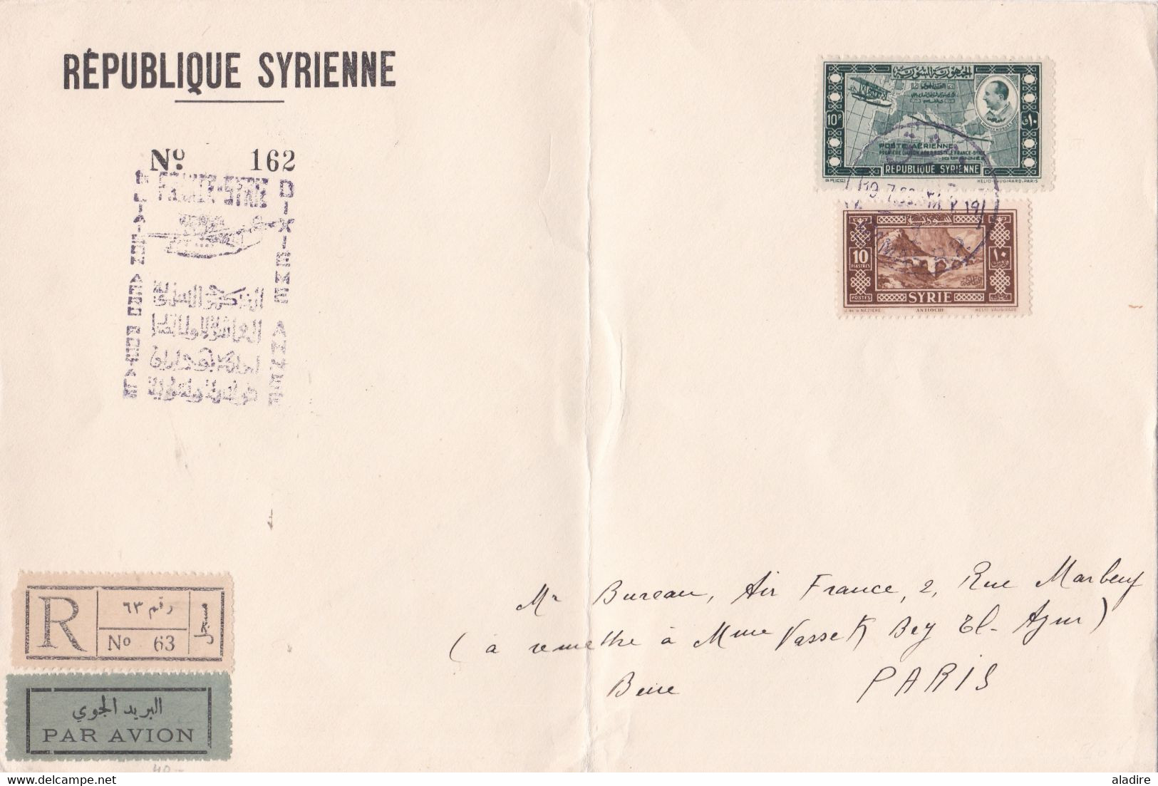 1938 - Enveloppe Numérotée Par Avion Recommandée De Damas, Syrie Vers Paris, France - 10e Anniv 1e Liaison Postale - Lettres & Documents