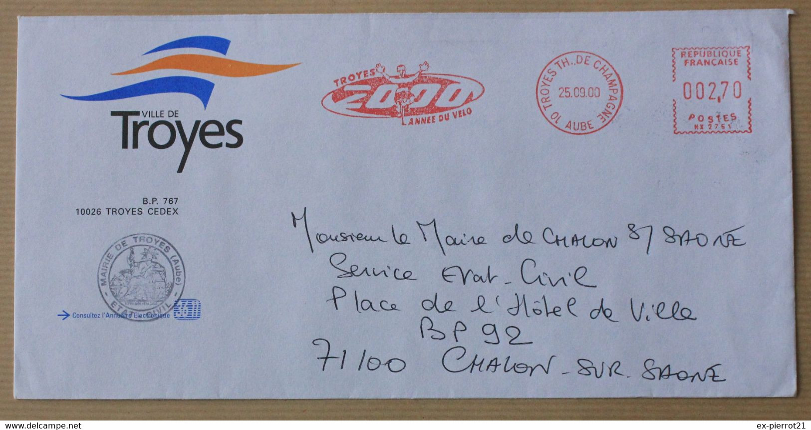 EMA  Ville De  Troyes (Aube)  2000 , L'année Du Vélo - EMA (Empreintes Machines à Affranchir)