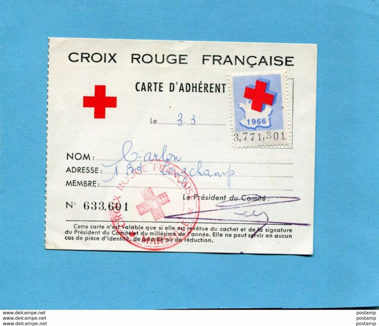 ERINNOPHILIE-Carte D'adhérent Acquitée 1966 Avec 2 Vignettes 1966+au Dos Vignette De La Ligue - Red Cross