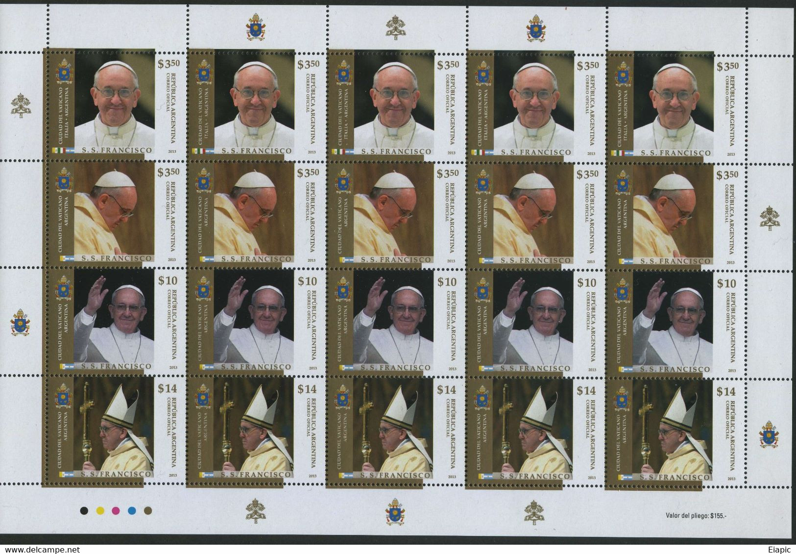 2013 ARGENTINA - Pope Francis JOINT ISSUE WITH VATICAN CITY - Whole Sheet Of Five Sets - Unused Stamps