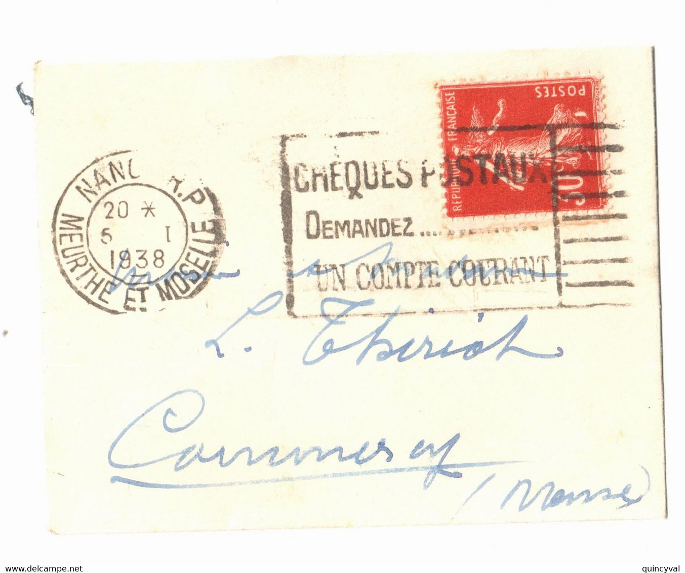 NANCY RP  Carte Visite Mignonnette 30c Semeuse Yv 160 Ob Meca 5 1 1938 Verso Vignette Tuberculose 1937 - Storia Postale