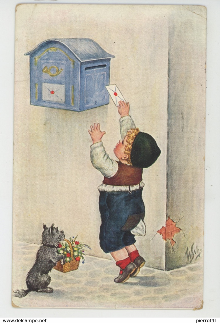 Illustrateur WALLY FIALKOWSKA - Jolie Carte Fantaisie Petit Garçon Devant Boîte Aux Lettres Avec Son Chien - Fialkowska, Wally