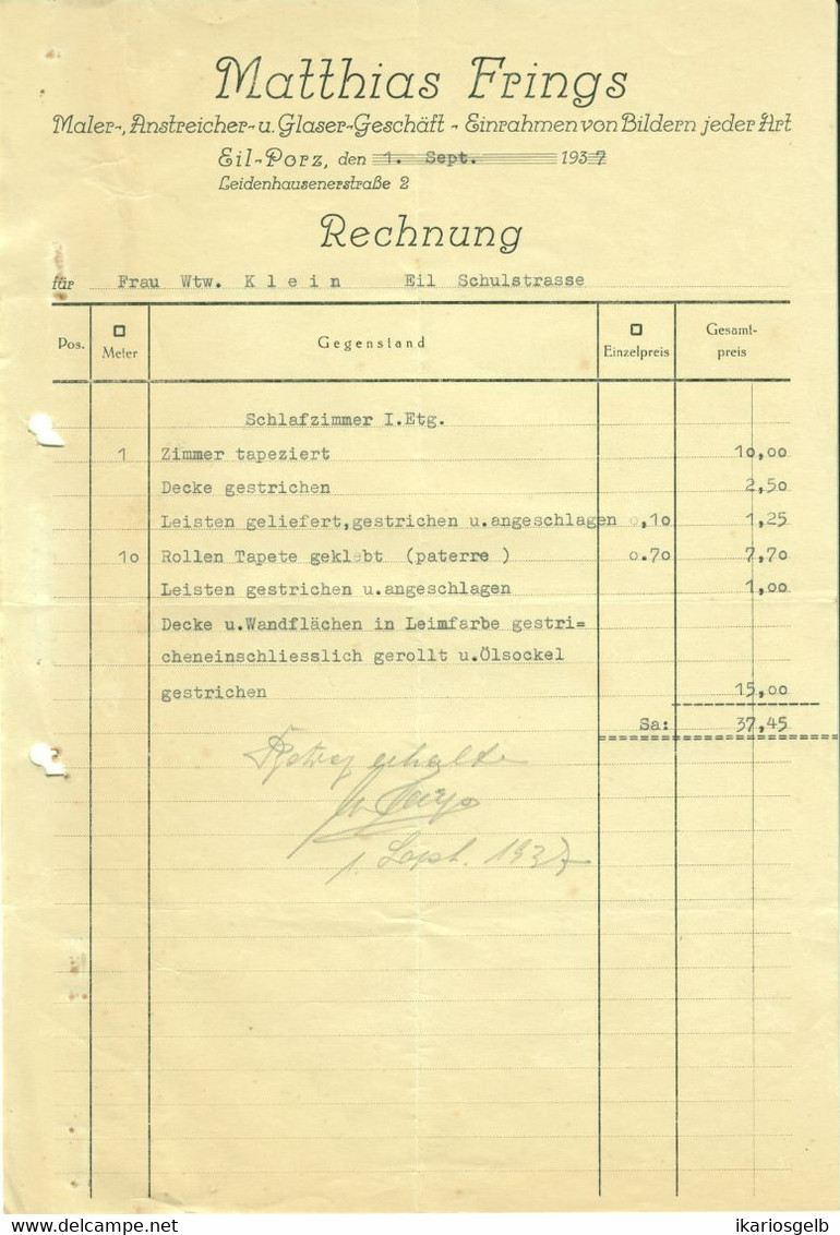 PORZ Eil B/ Köln 1937 Rechnung " Matthias Frings Maler- Glaser-Geschäft Leidenhausenerstr.2" - Transport