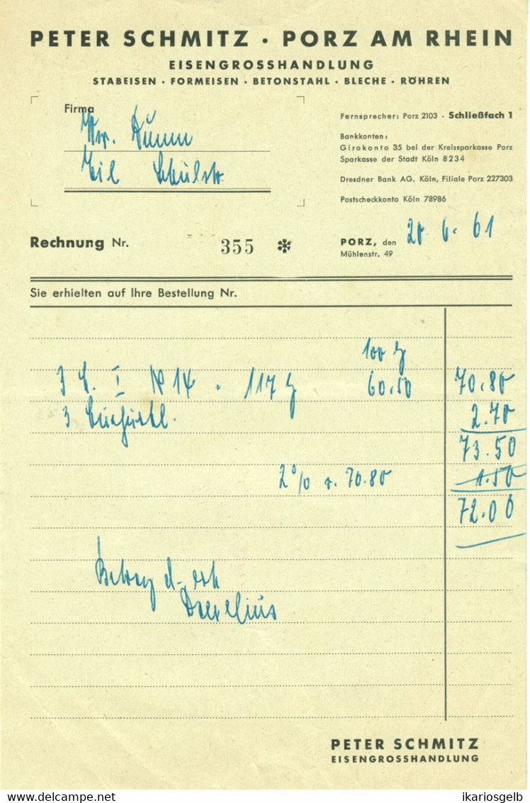 PORZ Eil B/ Köln 1961 Rechnung " Peter Schmitz Eisengroßhandlung " - Transport