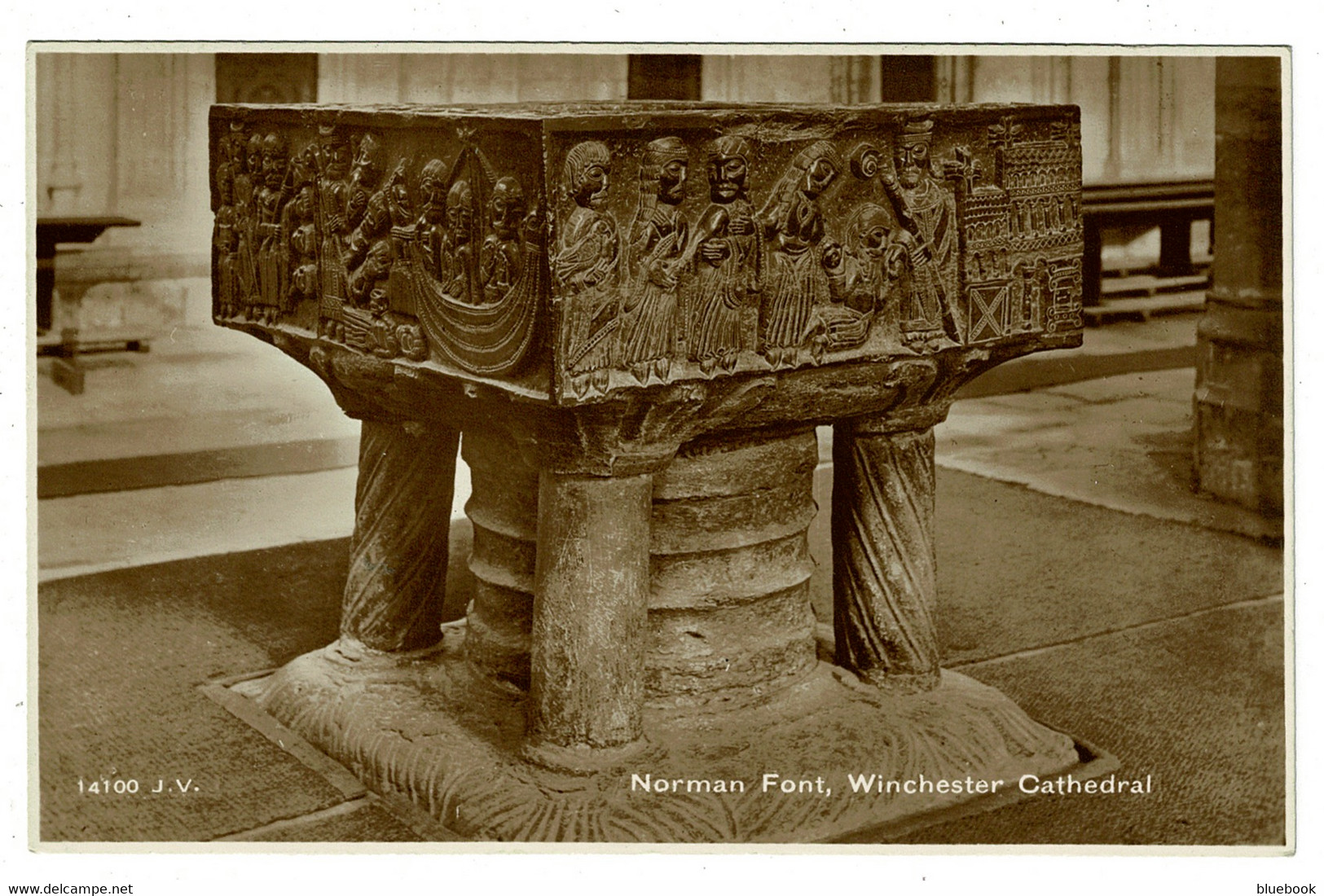 Ref 1445 - Early Real Photo Postcard - Norman Font Winchester Cathedral - Hampshire - Winchester