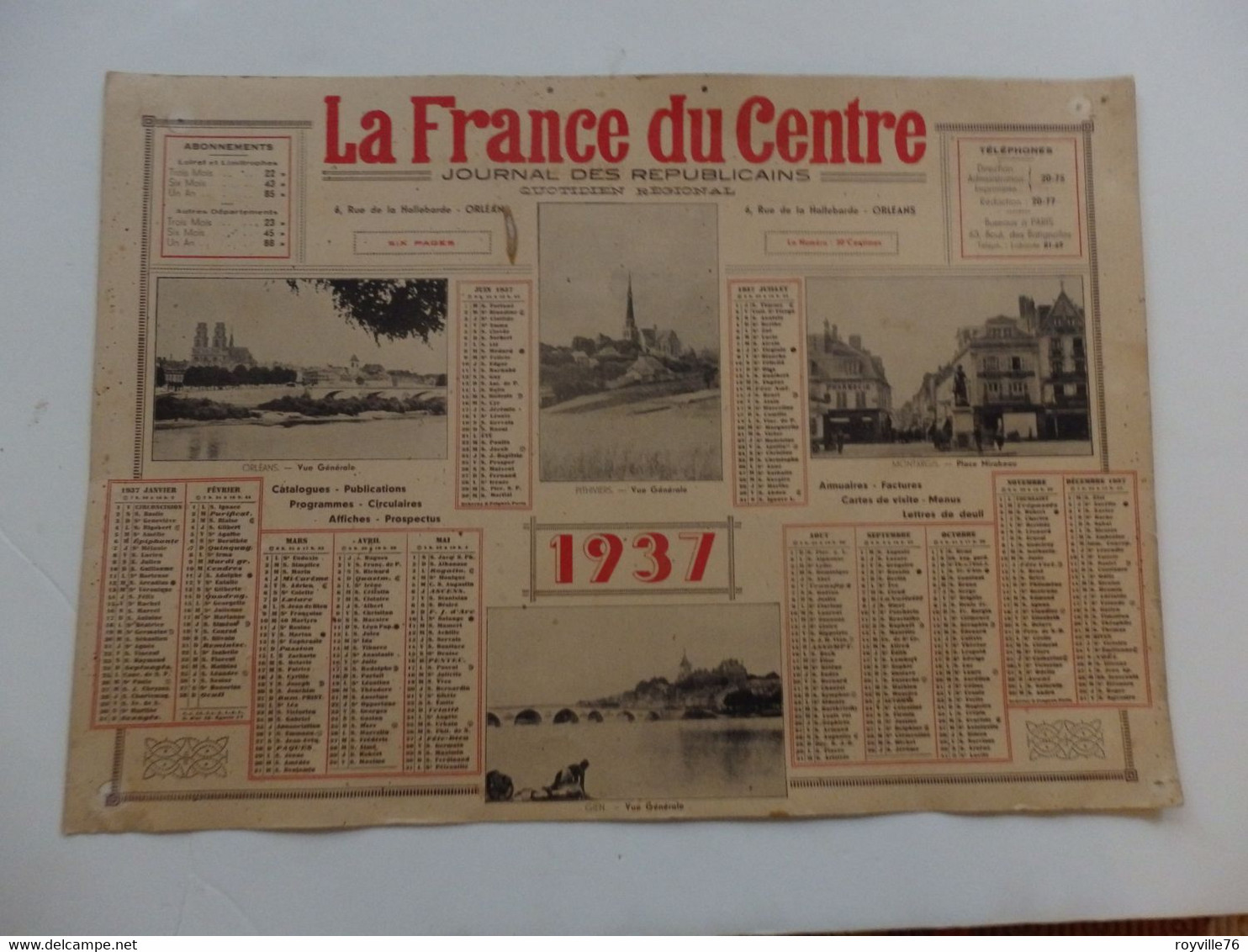 Calendrier De 1937 "La France Du Centre" Du Journal Des Républicains à Orléans (45). - Grand Format : 1921-40