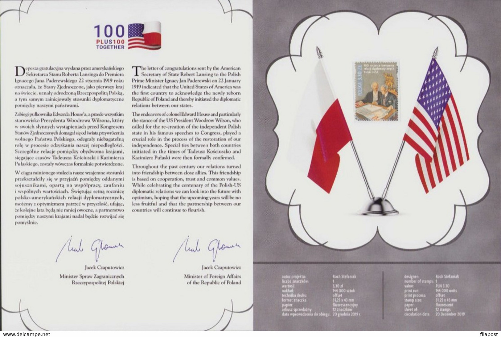 POLAND 2019 Souvenir Booklet With Stamp / 100 Anniversary Of Diplomatic Relationship Poland And United States MNH** - Storia Postale