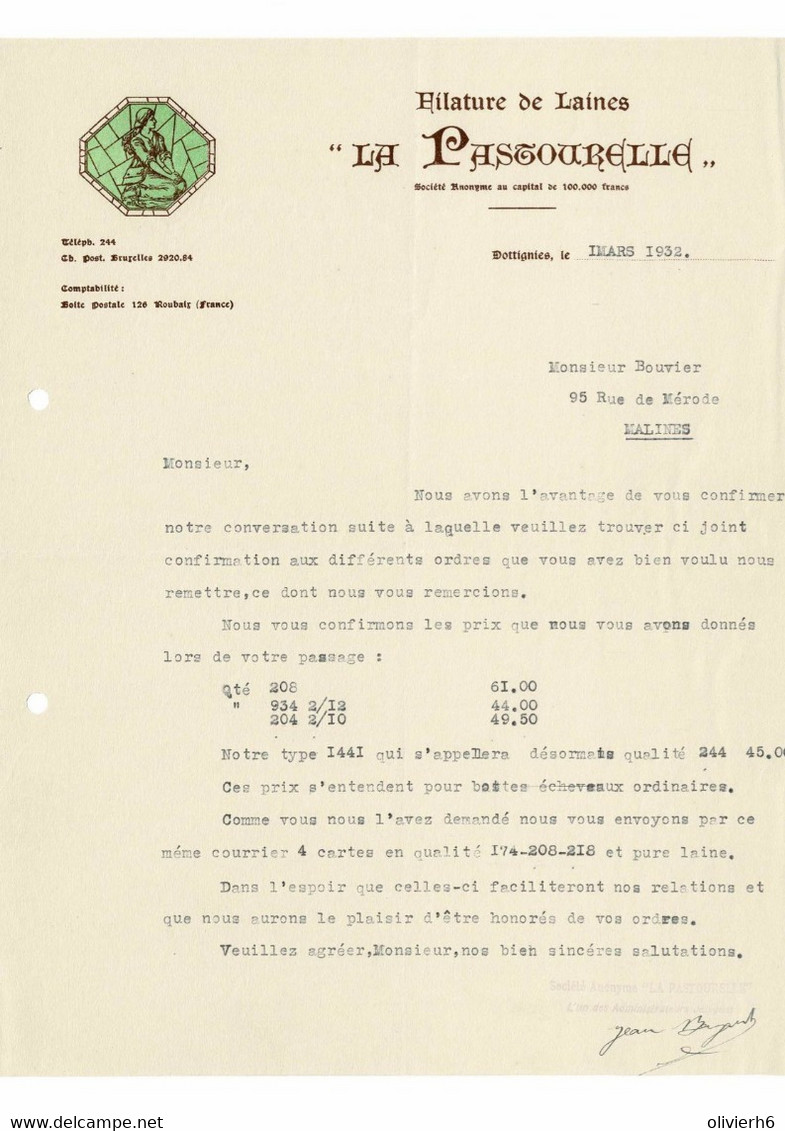 VP FACTURE BELGIQUE 1932 (V2030) LA PASTOURELLE (1 Vue) Filature De Laines DOTTIGNIES - Vestiario & Tessile