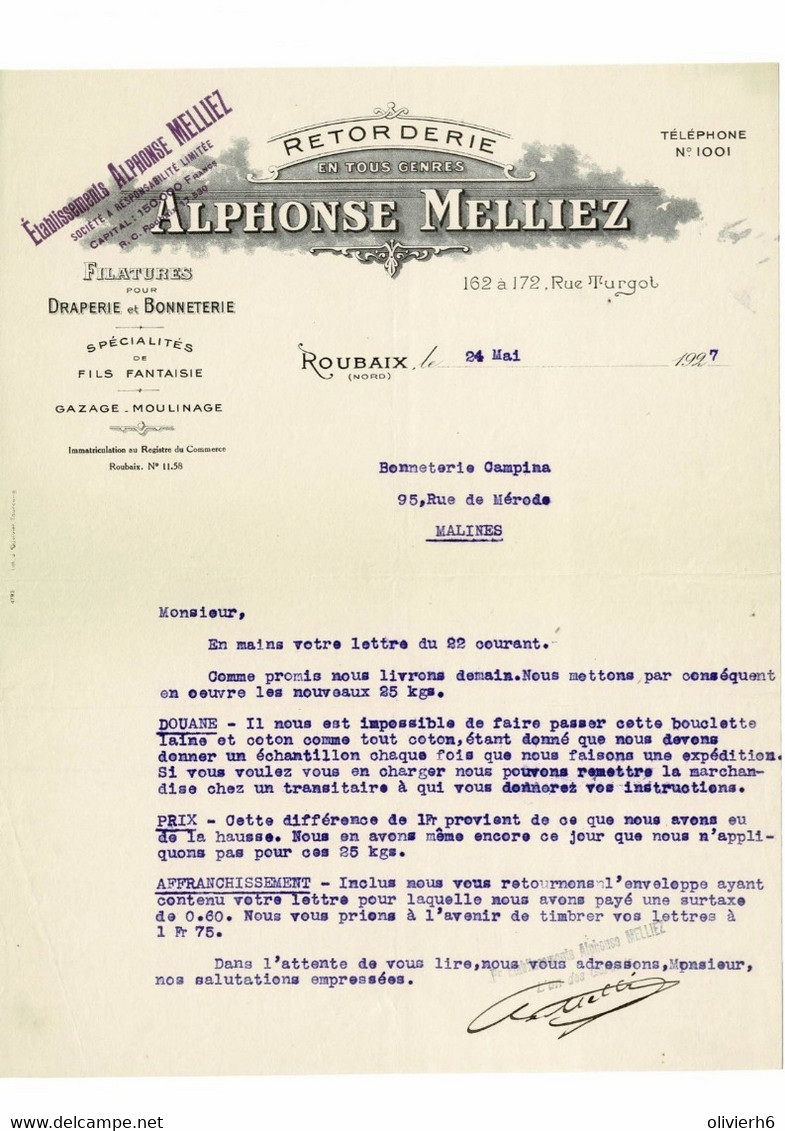 VP COURRIER FRANCE 1927 (V2030) ALPHONSE MELLIEZ (1 Vue) RETORDERIE ROUBAIX Rue Turgot, 162 à 172 GAZAGE MOULINAGE - Kleidung & Textil