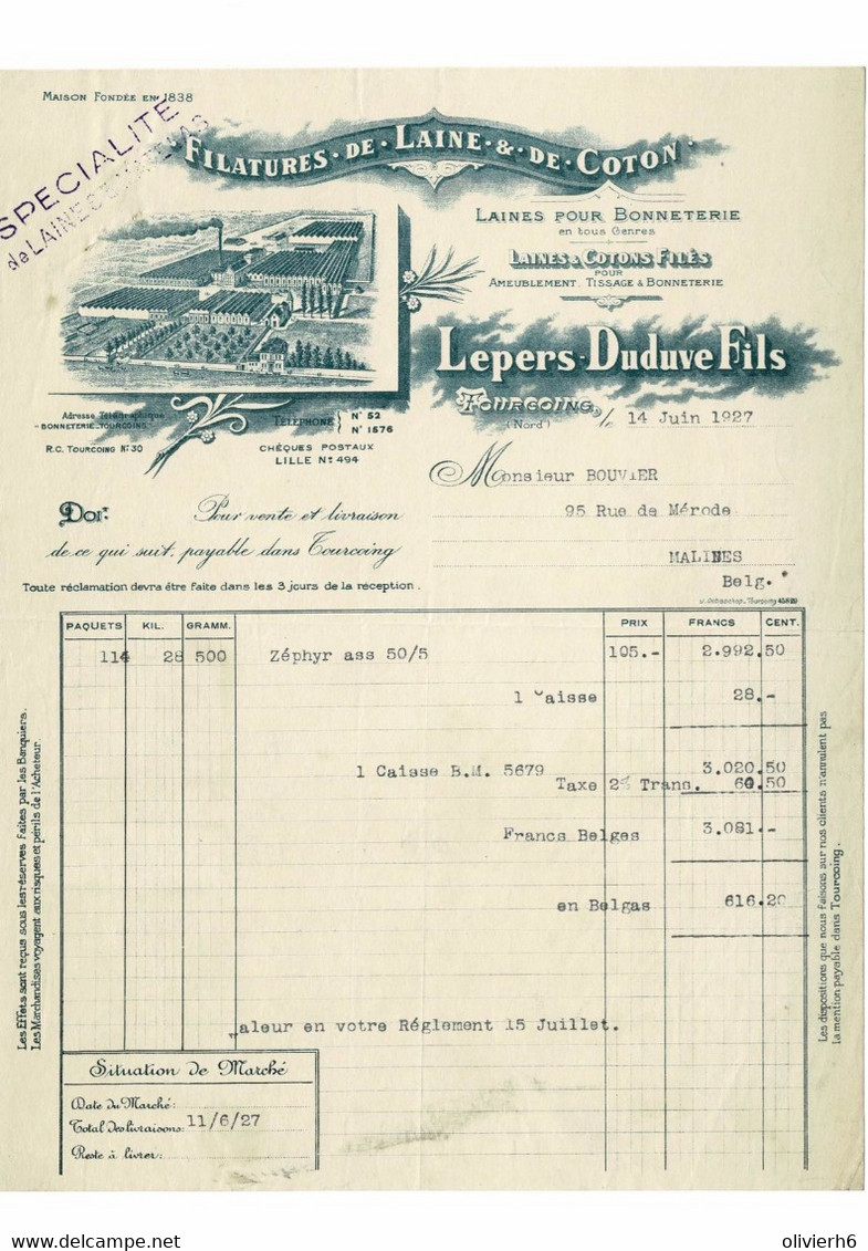 VP COURRIER FRANCE 1927 (V2030) LEPERS - DUDUVE FILS (1 Vue) TOURCOING FILATURES DE LAINE ET DE COTON - Textile & Vestimentaire