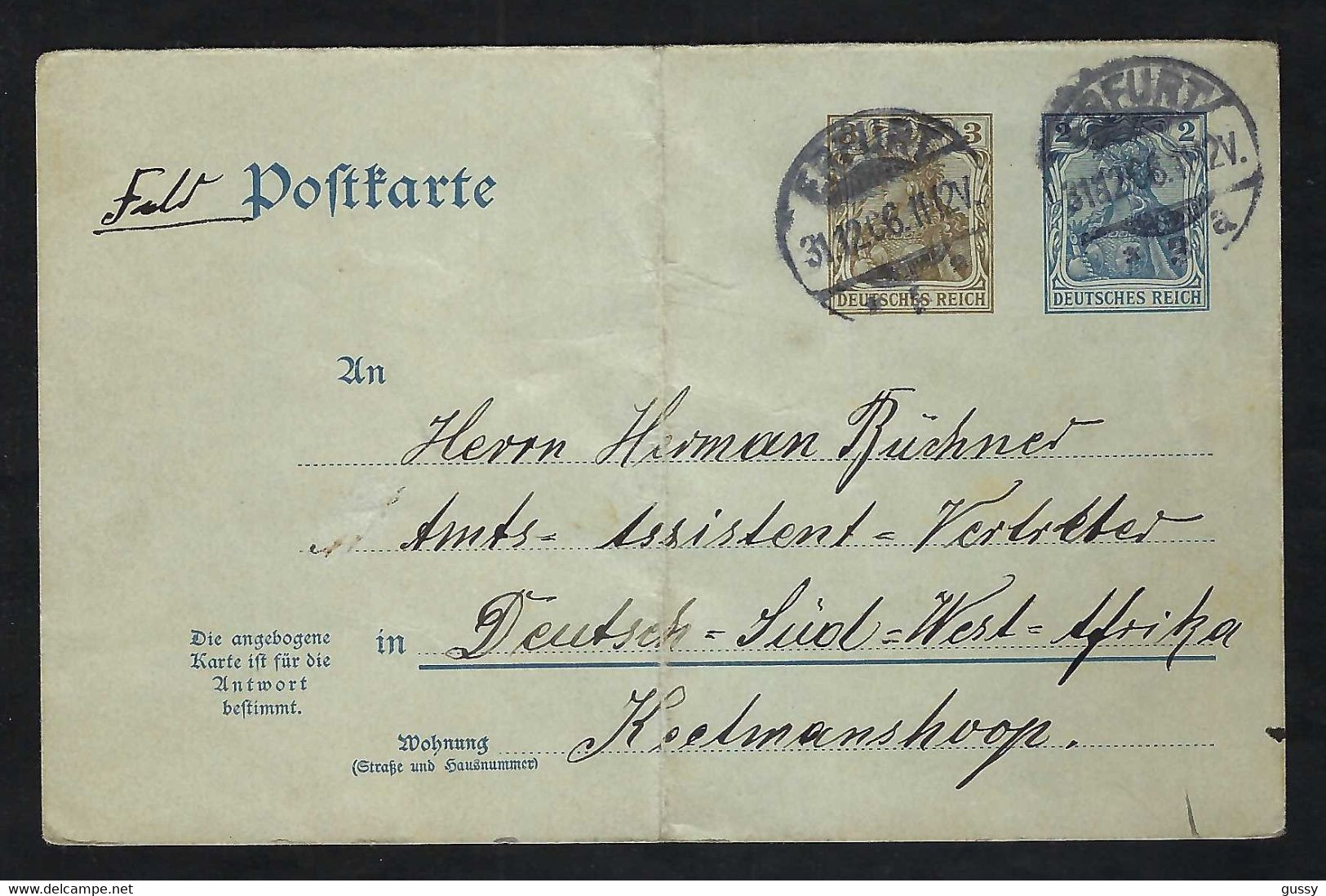 ALLEMAGNE 1906:  CP Entier De 5pf De Erfurt Pour Keelmanshoop (Afr. Du Sud-Ouest Allemande) - Autres & Non Classés