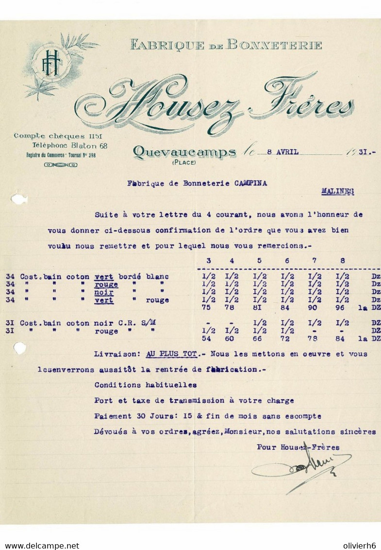 VP COURRIER BELGIQUE 1931 (V2030) HOUSEZ FRèRES (1 Vue) Fabrique De Bonneterie QUEVAUCAMPS (Place) - BLATON 68 - Textile & Vestimentaire