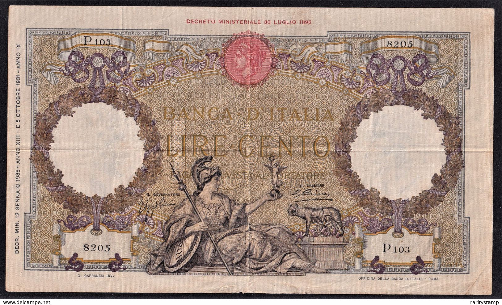 ITALIA REGNO BANCA D'ITALIA L.100 DECR. MIN. 12 GENNAIO 1935 - 5 OTTOBRE 1931 ANNO IX  OTTIME CONDIZIONI - 100 Lire