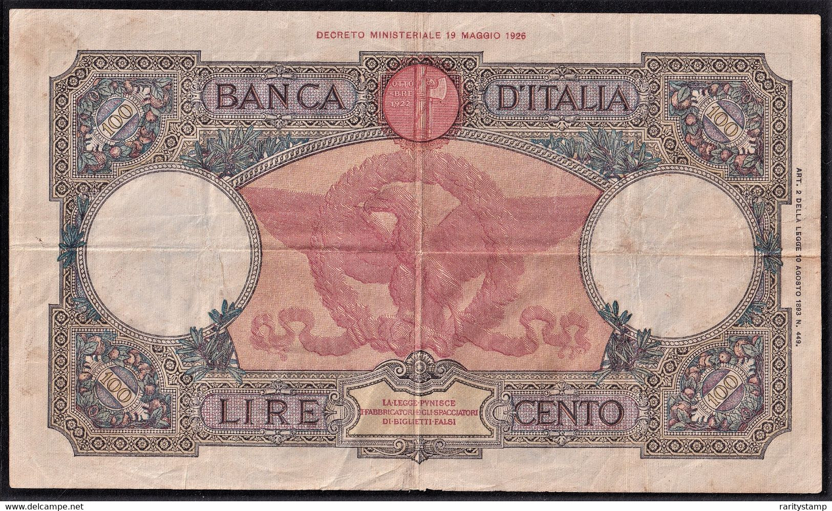 ITALIA REGNO BANCA D'ITALIA L.100 DECR. MIN. 12 GENNAIO 1935 - 5 OTTOBRE 1931 ANNO IX  OTTIME CONDIZIONI - 100 Liras