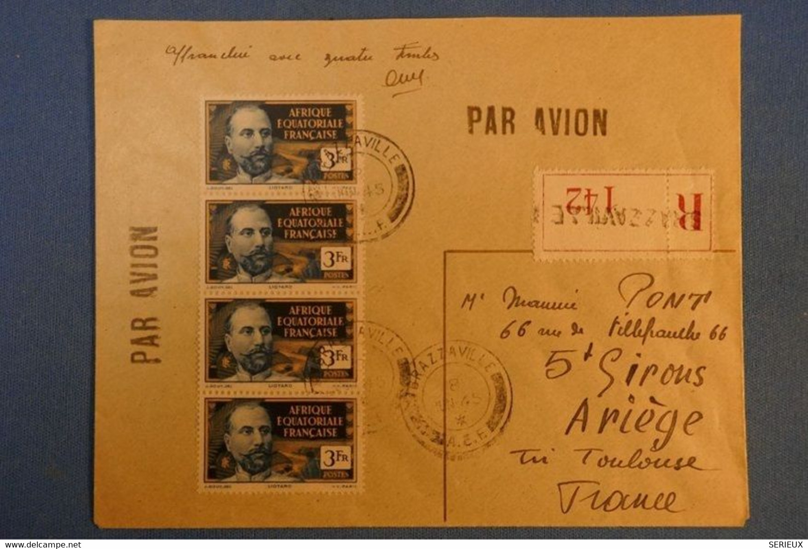 F2 AEF CONGO BELLE LETTRE RECOM.1945 BRAZZAVILLE POUR ST SIROUS FRANCE + BANDE DE 4 TIMBRES + AFFRANCHISSEMENT PLAISANT - Briefe U. Dokumente