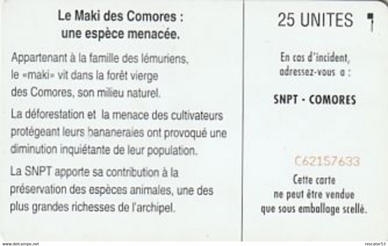 Rare Carte Téléphonique Comores SNPT 25 Unités - Comoren