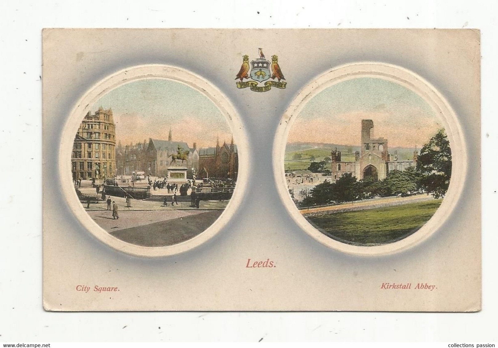 Cp , Angleterre , LEEDS ,multi Vues , City Square , Kirkstall Abbey , Blason , Gaufrée , Voyagée 1922 - Leeds