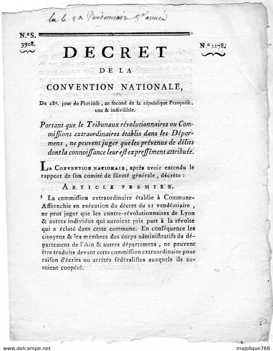 Décrets De La Convention Nationale Du 28e . Jour De Pluviôse L'an 2 De La République Françoise, Une & Indivisible - Décrets & Lois