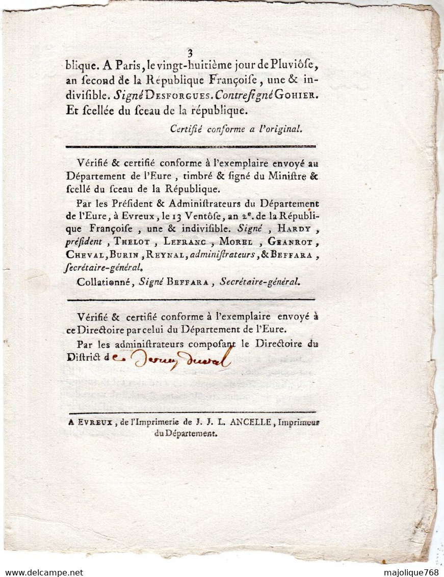 Décrets De La Convention Nationale Du 28e . Jour De Pluviôse L'an 2 De La République Françoise, Une & Indivisible - Décrets & Lois