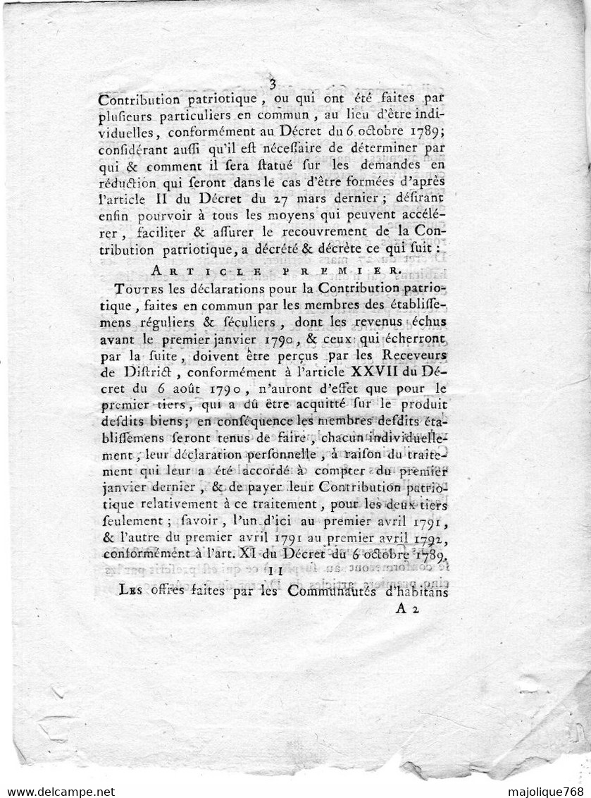 LOI - Concernant La Contribution Patriotique . Donnée à Paris , Le 31 Octobre 1790 - 8 Pages - Décrets & Lois