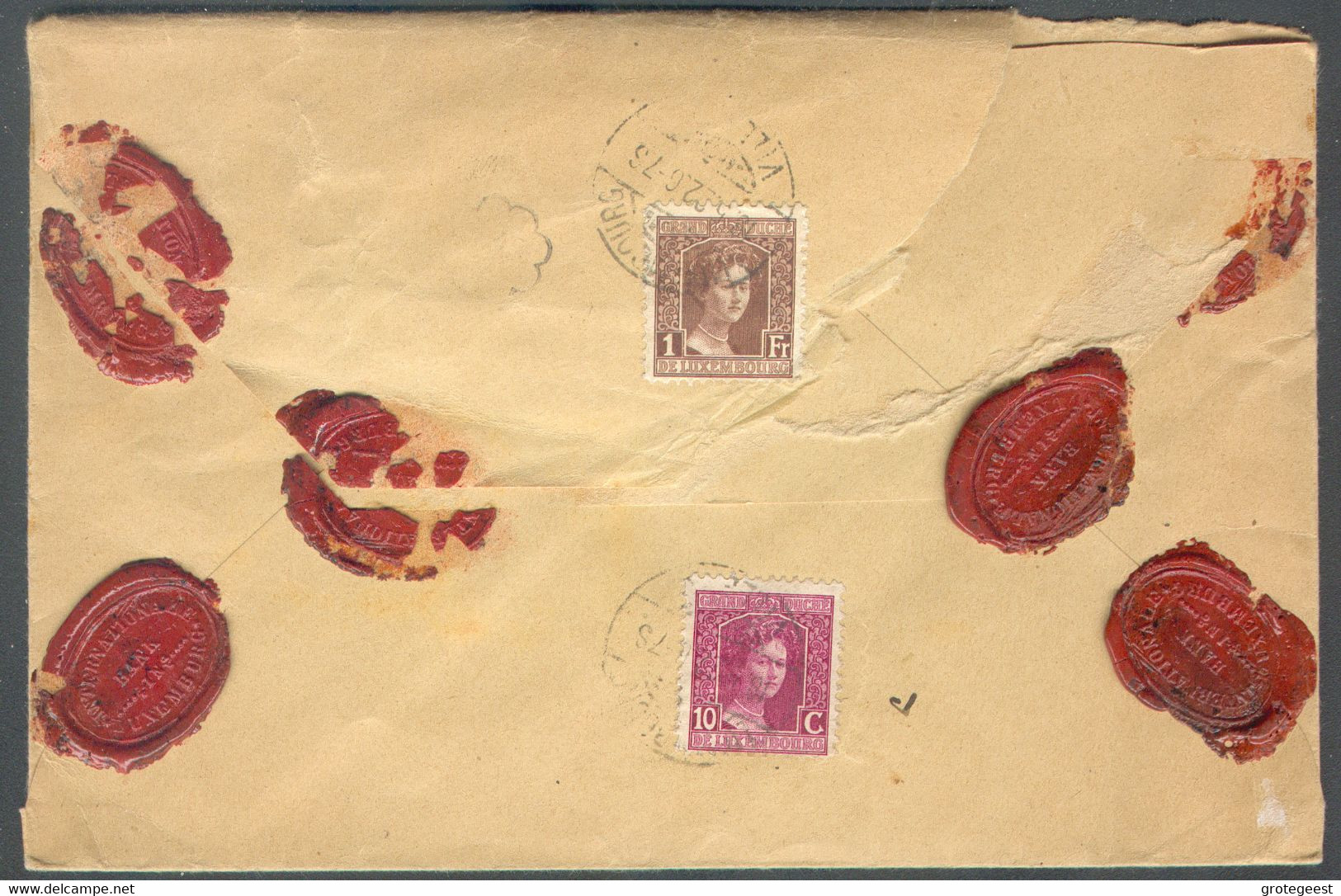 10c. Et 1Fr. GD Charlotte Obl. Dc LUXEMBOURG-VILLE Au Verso D'une Lettre CHARGE (valeur 60 Frs) (poids 20grs.) Du 18.5.1 - 1921-27 Charlotte Front Side