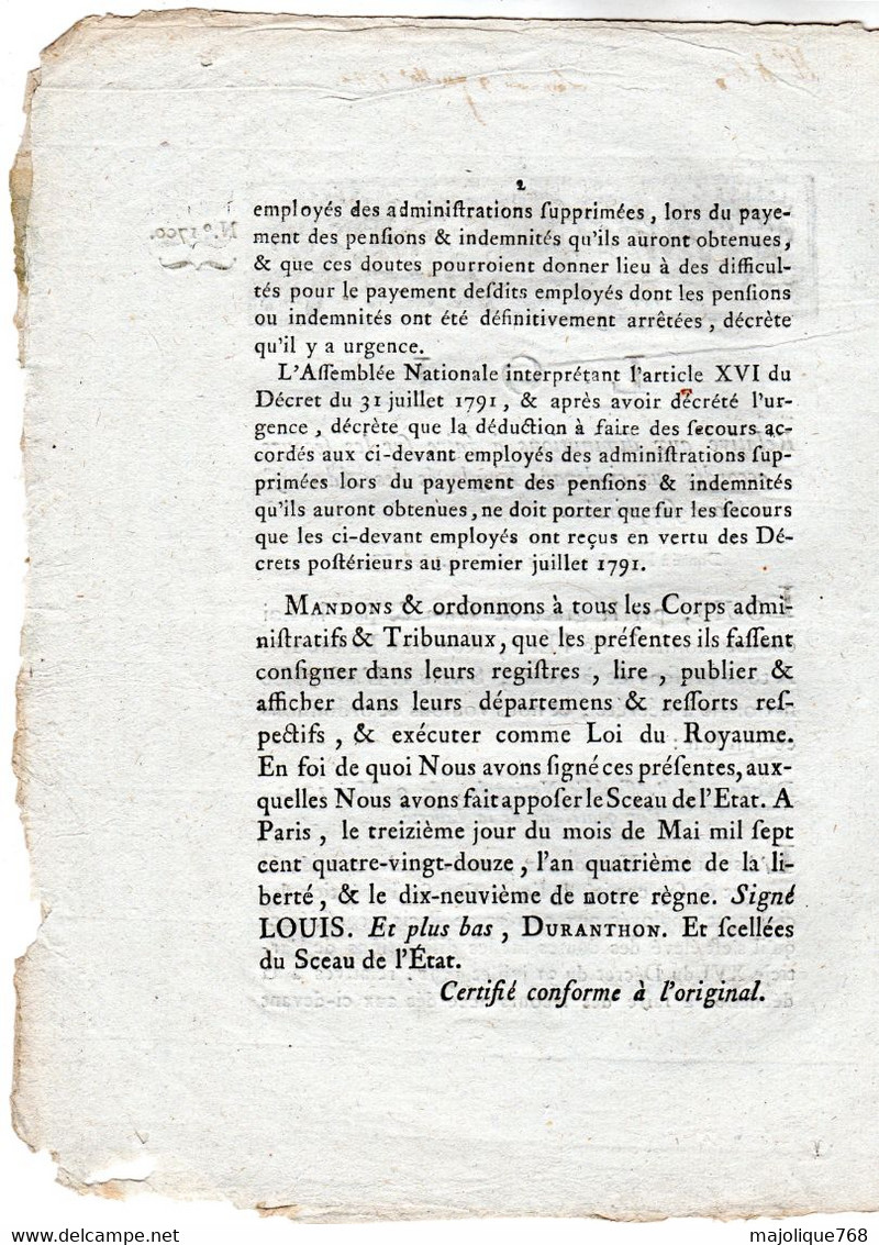 LOI - Relative Aux Diminutions à Faire Sur Les Secours Accordés Aux Ci-devant Employés Des Administrations Supprimées . - Décrets & Lois