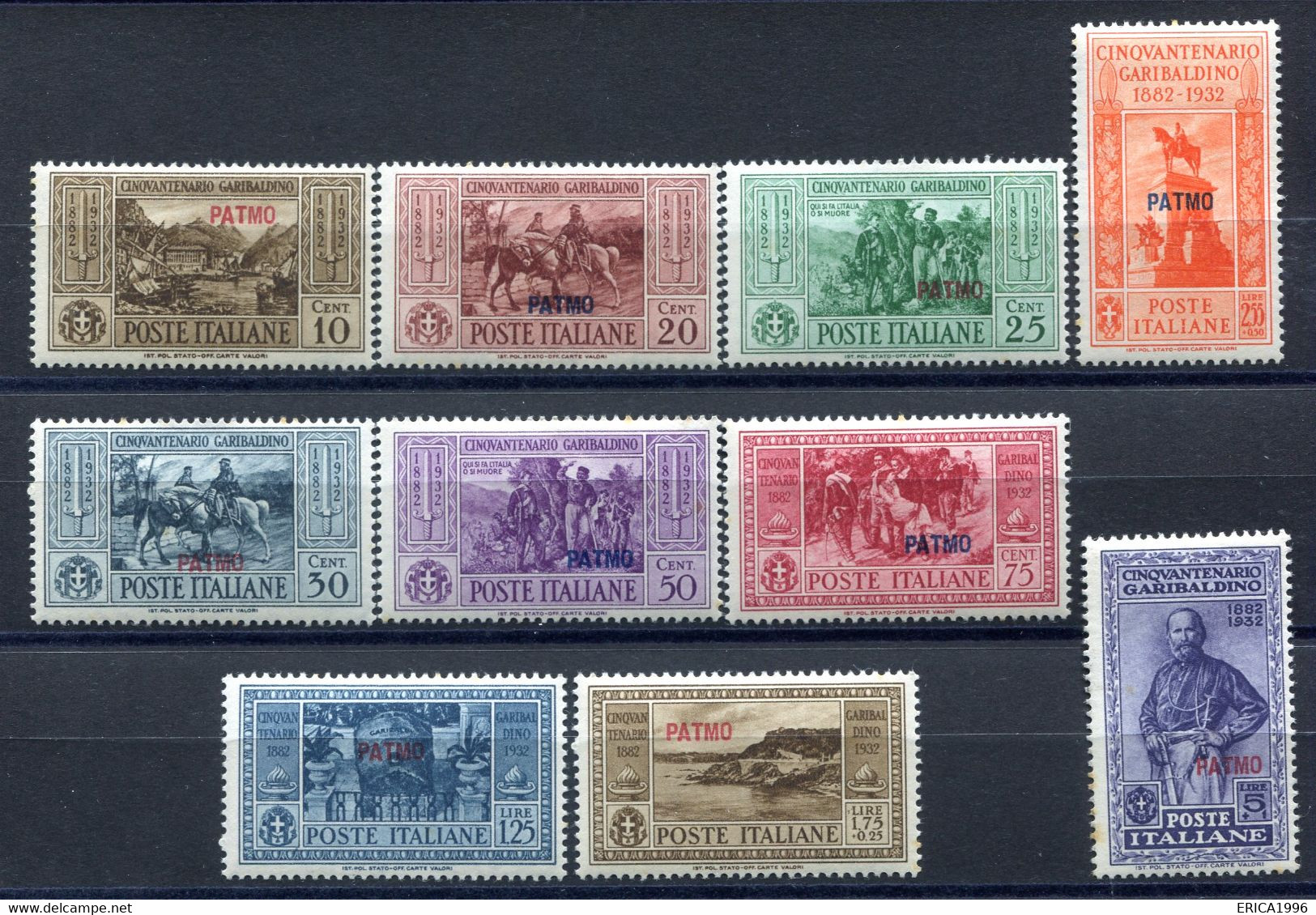 Z2080 ITALIA OCCUPAZIONI EGEO PATMO 1932 Cinquantenario Garibaldino, Serie Ordinaria Completa, MH, Cat. Sassone 2020 € 2 - Egeo (Patmo)