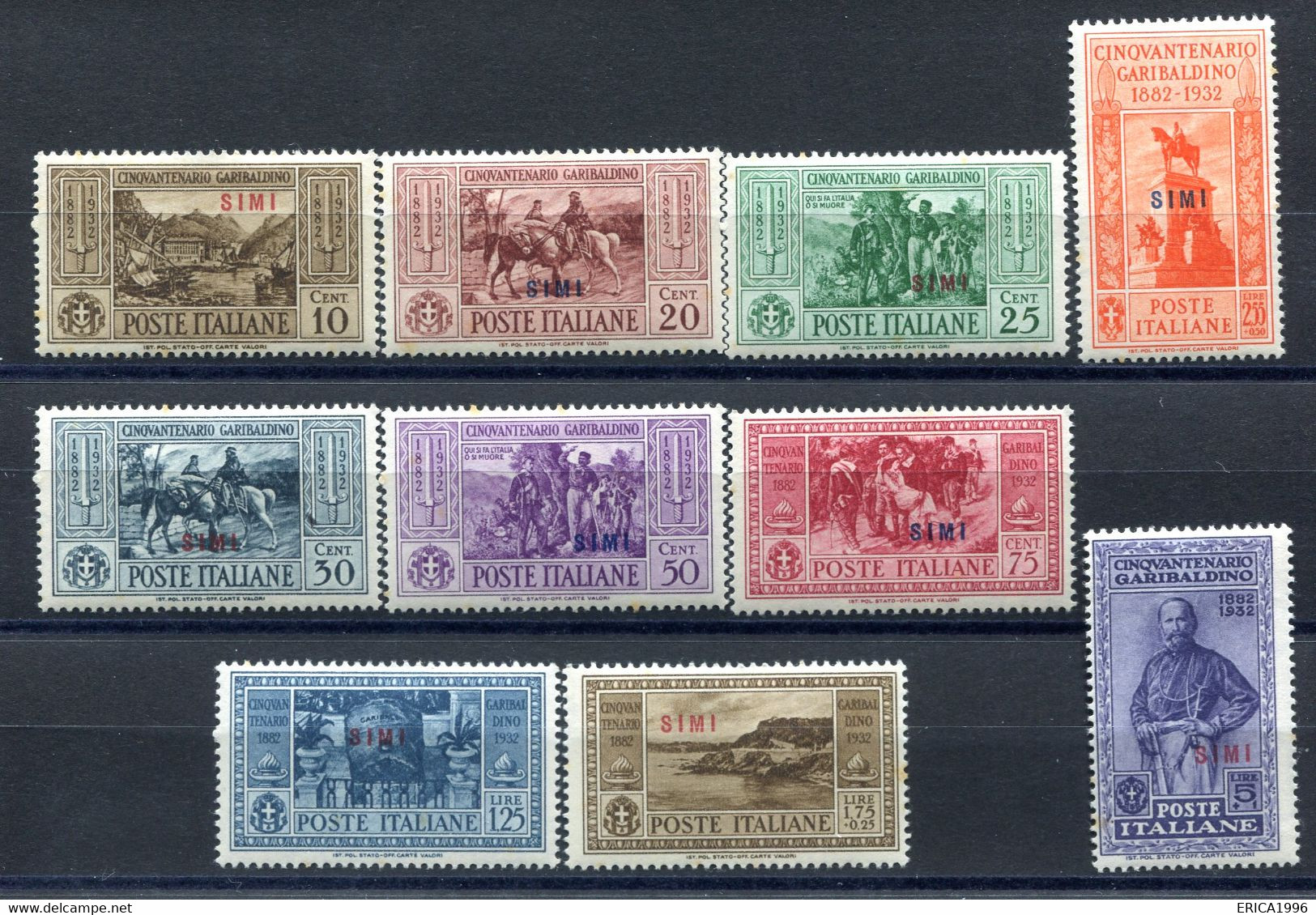 Z2087 ITALIA OCCUPAZIONI EGEO SIMI 1932 Cinquantenario Garibaldino, Serie Ordinaria Completa, MH, Cat. Sassone 2020 € 24 - Egée (Simi)