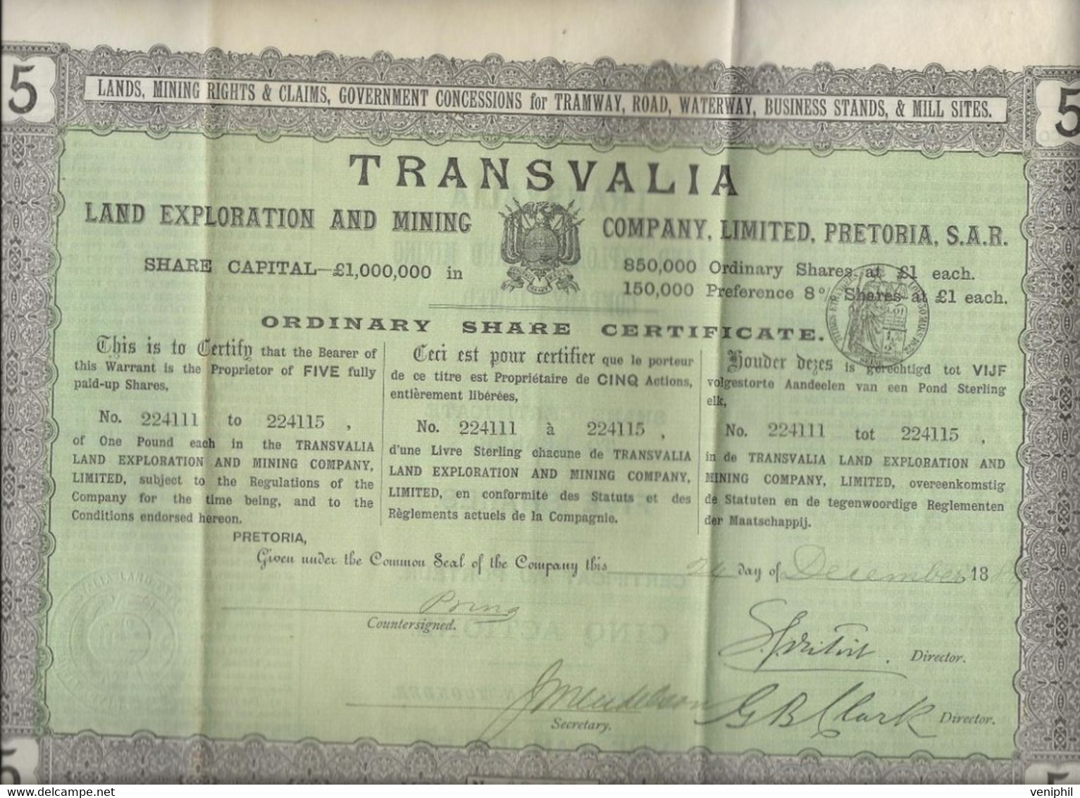 TRANSVALIA LAND EXPLORATION AND MINING COMPANY LIMITED -TITRE DE CINQ ACTIONS D'UNE LIVRE -ANNEE 1889 - Bergbau