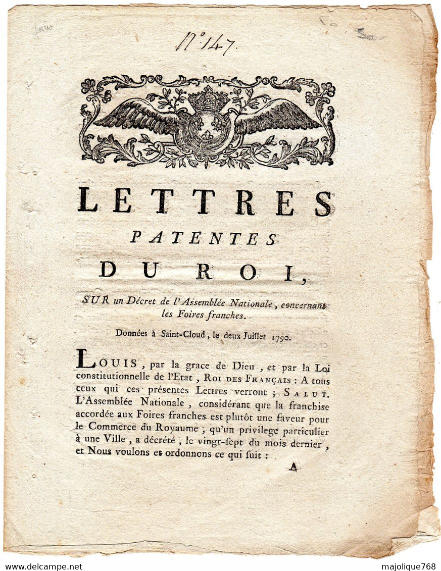 Lettres Patentes Du Roi - Sur Un Décret De L'Assemblée Nationale , Concernans Les Foires Franches - - Décrets & Lois